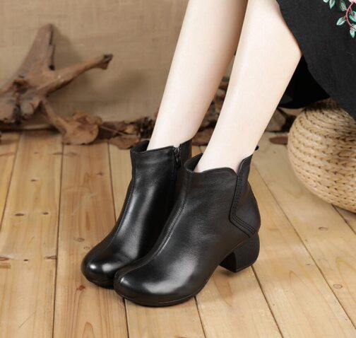 Vintage Style Genuine Leather Women Boots Flat Booties Soft Cowhide Women's Shoes