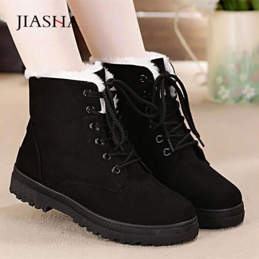 Snow boots 2019 warm fur plush Insole women winter boots square heels flock ankle boots women shoes lace-up winter shoes woman - Image 2