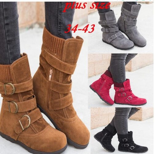 Winter buckled calf women's boots, winter women's warm zipper boots, plain flat shoes, large size women's casual boots - Image 6