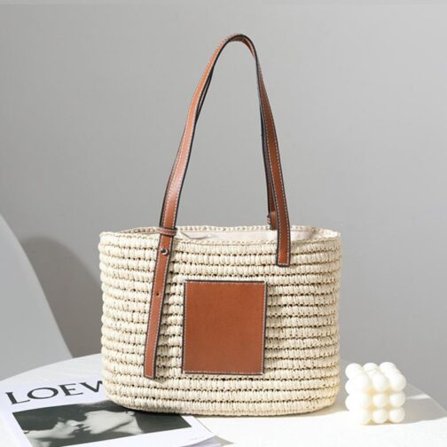 Bohemian Straw Splice PU Leather Women Shoulder Bag Natural Handmade Rattan Handbags Women's Bag Large Capacity Beach Straw Tote - Image 2