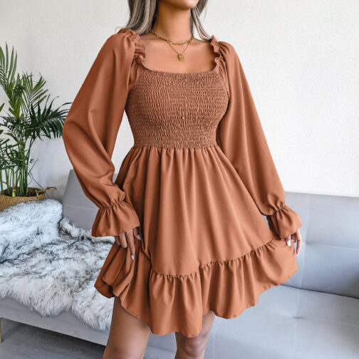 Autumn/Winter Square Neck Flared Long Sleeve Ruffle Swing Dress For Women - Image 5