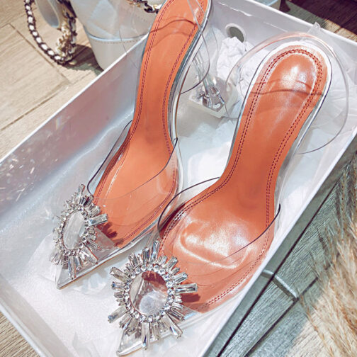 Women Pumps Elegant Pointed Toe Rhinestones High Heels Wedding Shoes Crystal Clear Heeled Slingback Pumps Sandals Sexy Heels