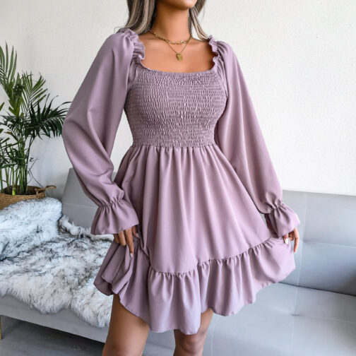 Autumn/Winter Square Neck Flared Long Sleeve Ruffle Swing Dress For Women - Image 6