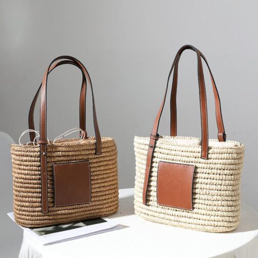 Bohemian Straw Splice PU Leather Women Shoulder Bag Natural Handmade Rattan Handbags Women's Bag Large Capacity Beach Straw Tote