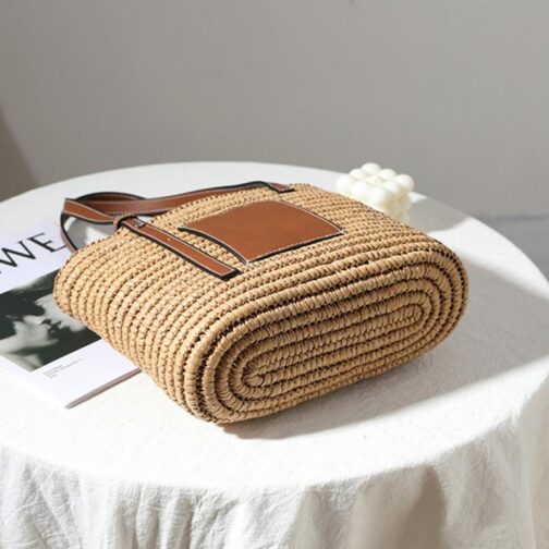 Bohemian Straw Splice PU Leather Women Shoulder Bag Natural Handmade Rattan Handbags Women's Bag Large Capacity Beach Straw Tote - Image 6