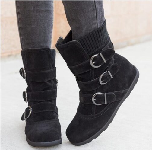 Winter buckled calf women's boots, winter women's warm zipper boots, plain flat shoes, large size women's casual boots - Image 2