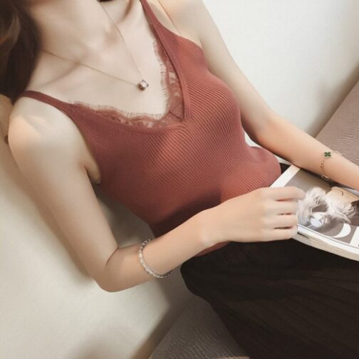 Women Hook Flower Lace Tank solid Top - Image 2