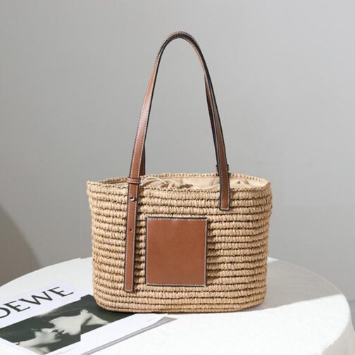 Bohemian Straw Splice PU Leather Women Shoulder Bag Natural Handmade Rattan Handbags Women's Bag Large Capacity Beach Straw Tote - Image 8