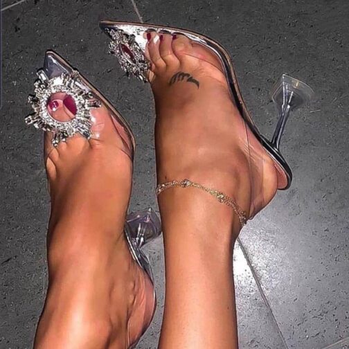 Women Pumps Elegant Pointed Toe Rhinestones High Heels Wedding Shoes Crystal Clear Heeled Slingback Pumps Sandals Sexy Heels - Image 2