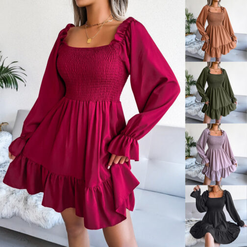 Autumn/Winter Square Neck Flared Long Sleeve Ruffle Swing Dress For Women