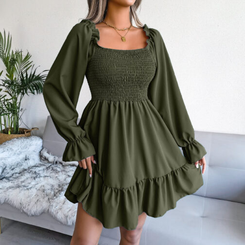 Autumn/Winter Square Neck Flared Long Sleeve Ruffle Swing Dress For Women - Image 3