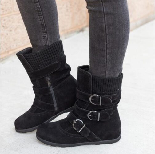 Winter buckled calf women's boots, winter women's warm zipper boots, plain flat shoes, large size women's casual boots - Image 4